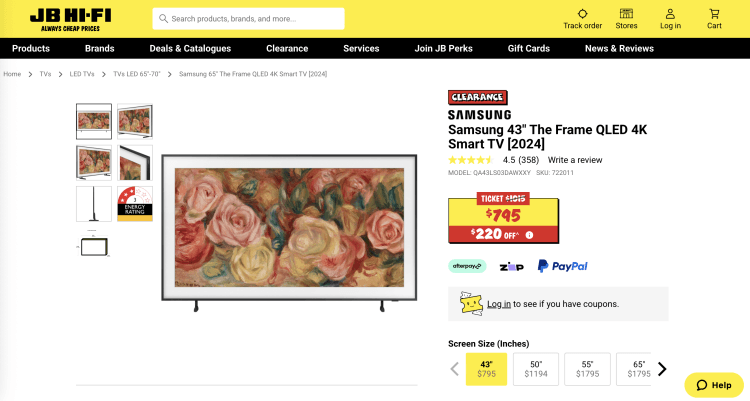 JB Hi-Fi: Samsung 43″ The Frame QLED 4K Smart TV [2024] – was $1015, now $795